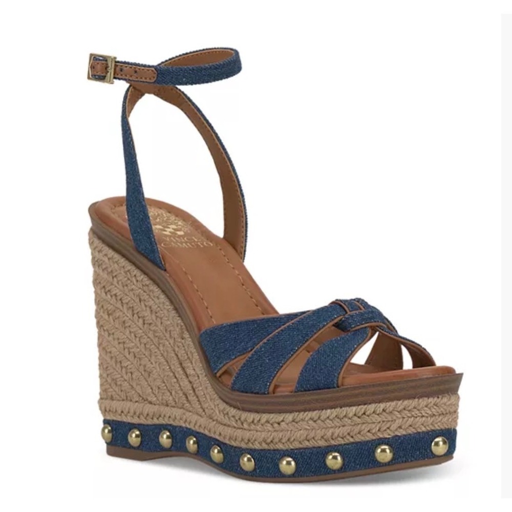 Vince Camuto Poula Denim Espadrille Wedge Sandals Indigo Gold Studded 9M NEW - Picture 5 of 12
